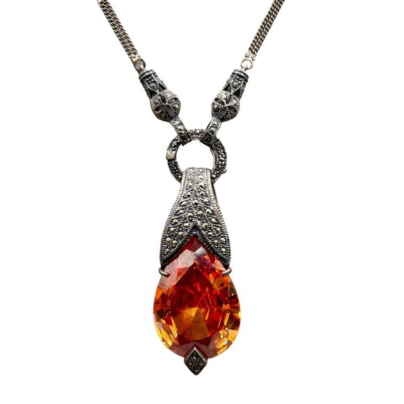 Sterling Silver Marcasite Pendant Necklace Cognac Glass Stone Removable Pendant - Picture 1 of 14